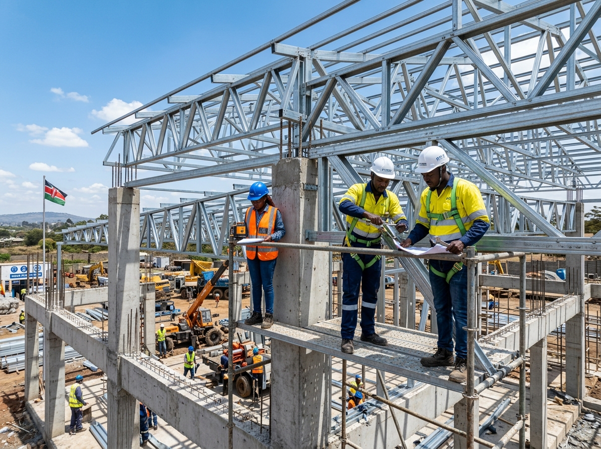 Quantech engineers reviewing drawings on a steel-frame structure in Kenya